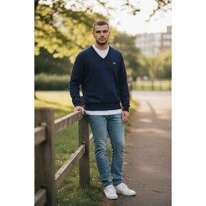 Lacoste V-Neck Sweater Navy Blue Knit Embroidered Crocodile Logo Size 6 XL